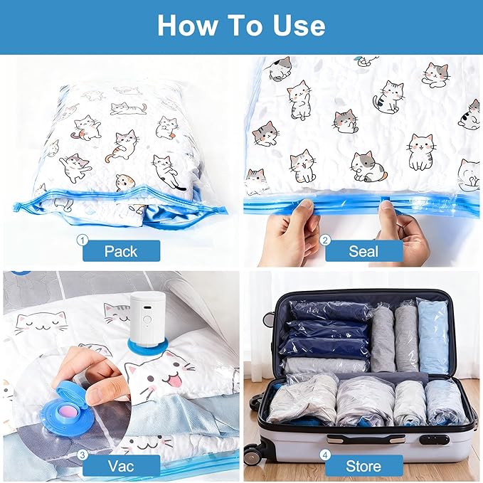 Owfeel 16 Pack Travel Vacuum Bags With Wireless Pump, Portable Compression Bags for Travel, Space Saver Vacuum Seal Bags for Clothing, Luggage, Pillows, Comforters, Reusable & Durable (16 PCS)