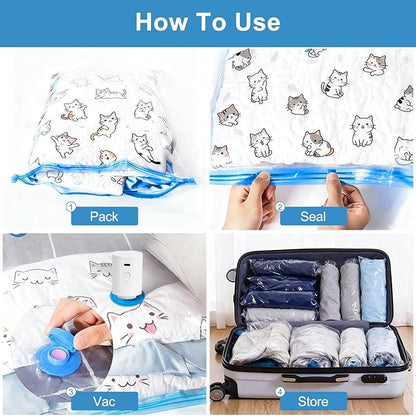 Owfeel 16 Pack Travel Vacuum Bags With Wireless Pump, Portable Compression Bags for Travel, Space Saver Vacuum Seal Bags for Clothing, Luggage, Pillows, Comforters, Reusable & Durable (16 PCS)