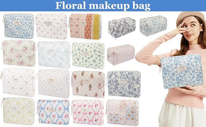 Floral Makeup Bag, Cute Cosmetic Bag for Women Girls, Quilted Cotton Make up Pouch, Travel Makeup Bags, Portable Storage Toiletry Organizer Bag(Blue Floral)