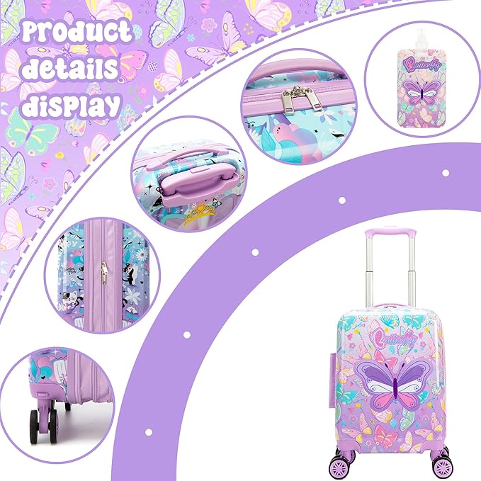 Kid's Luggage Set 2 Piece Suitcase Set 16" Hardside Luggage with Spinner Wheels Girls Carry on Toddler Travel Rolling Suitcase with Neck Pillow Airline Approved