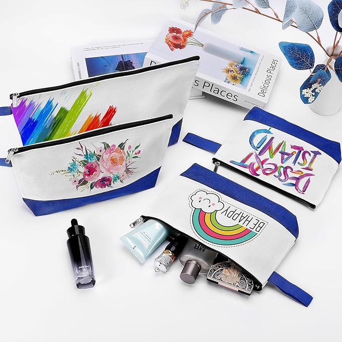 10 Pieces Cotton Canvas Makeup Bag with Bottom and Strap, Multi-Purpose Cosmetic Bag with Zipper Travel Toiletry Pouch, Blank DIY Craft Bag (White&Blue, L)
