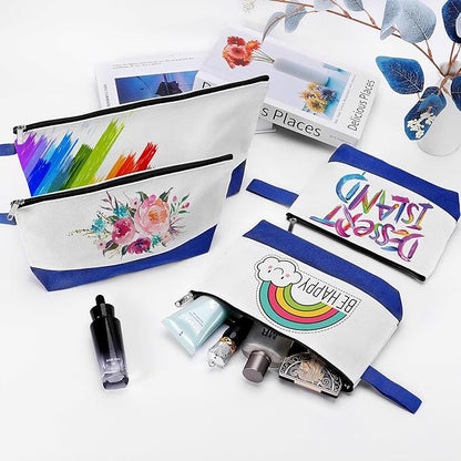 10 Pieces Cotton Canvas Makeup Bag with Bottom and Strap, Multi-Purpose Cosmetic Bag with Zipper Travel Toiletry Pouch, Blank DIY Craft Bag (White&Blue, L)