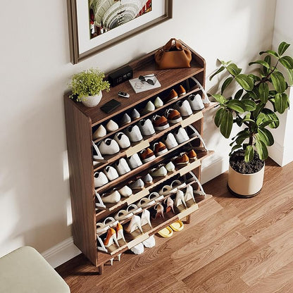VINGLI Fluted Shoe Storage Cabinet for Entryway with 3 Flip Drawers, Narrow Shoe Organizer with Fluted Panel, Freestanding Wood Hidden Shoe Cabinet for Foyer, Hallway (Dark Walnut, 3 Flip Drawers)