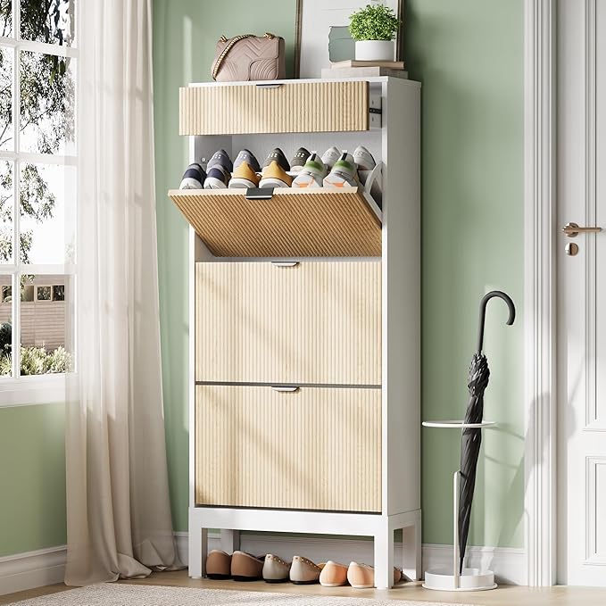 GAOMON Shoe Cabinet with 3 Flip Drawers, Entryway Cabinet with Adjustable Shelves, Accommodate 12 to 18 Pair of Shoes, Space-Saving Slim Shoe Cabinet for Entryway, Hallway, Front Door, White Oak