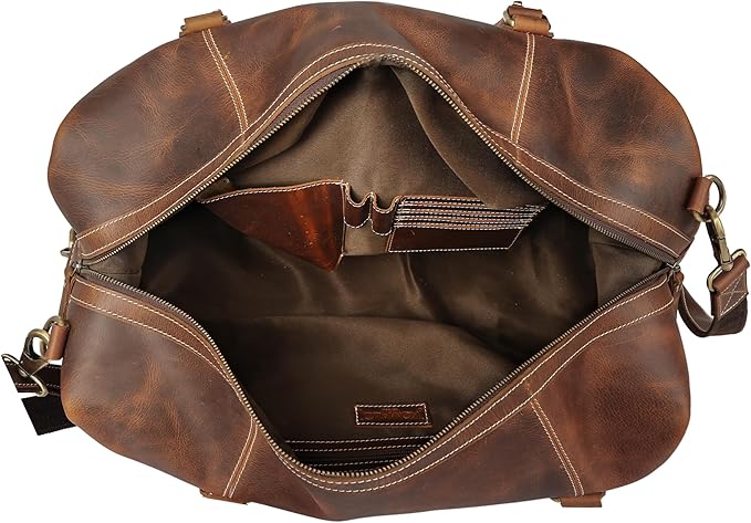 KomalC Leather Travel Duffle Bags for Men and Women Overnight Weekend Bag, Sports Gym Duffel (Dark Tan)