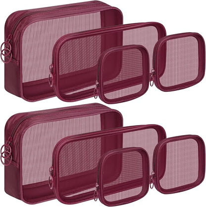8 Pcs Mesh Makeup Bag Nylon Zipper Pouch Clear Small Mesh Bags Travel Toiletry Bag Makeup Brush Holder Purse Organizer Pouches (Wine Red, Small, Large, Medium)