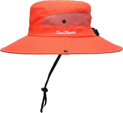 Womens Summer Sun Hat Beach Hat Wide Brim Outdoor UV Protection Hat Foldable Cool Mesh Ponytail Bucket Hat