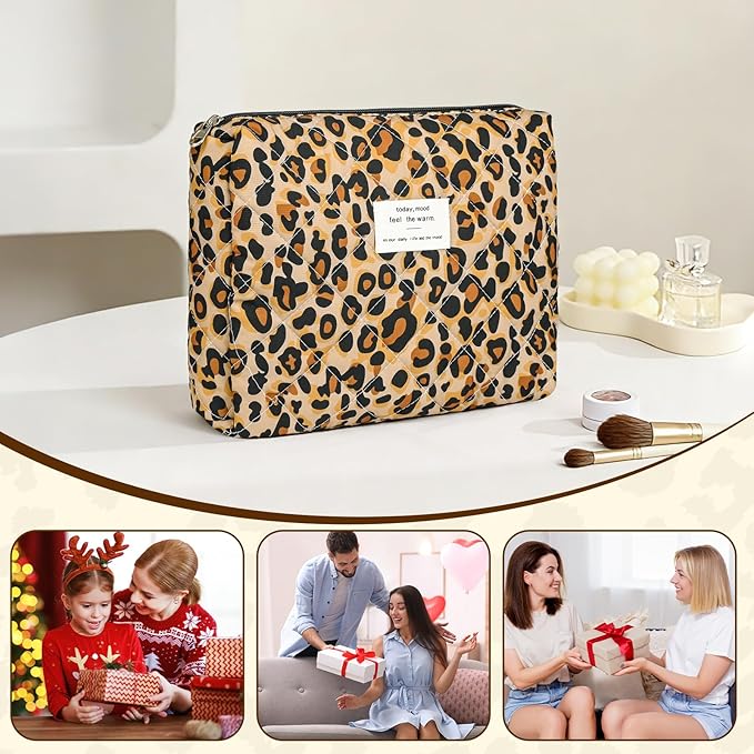 Quilted Makeup Bag Set,3 Pcs Puffy Cosmetic Bags Aesthetic Make Up Bags,Small Zipper Pouch,Travel Toiletry Bag Purse Organizer Pouches for Women (Leopard-Print)