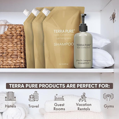 Terra Pure Spa Collection 1 Liter Shampoo Refill Bag For Soap Dispensers | Bulk Toiletries for Vacation Rentals, and Home Bathroom Showers | Green Tea Lemongrass | Set of 12
