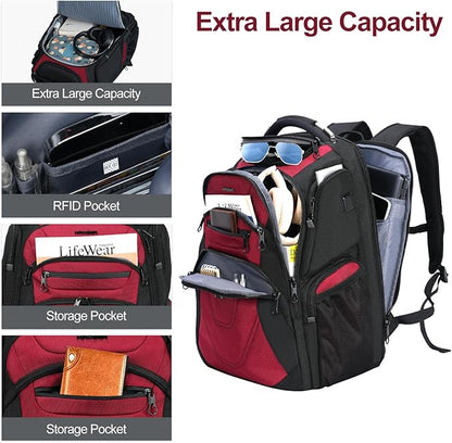 KROSER Friendly Travel Laptop Backpack 18.4 inch XXXL Gaming Backpack Water-Repellent College Daypack Business Backpack with RFID Pockets & USB Port for Men/Women-Black/Red