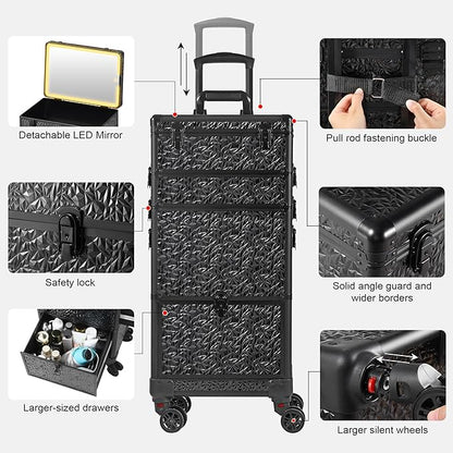 Rolling Makeup Case with Lighted Mirror, Makeup Train Case with Large Drawer, Cosmetology Case, Travel Makeup Organizers, Professional for Salon Barber, Nail, Tattoo, Black