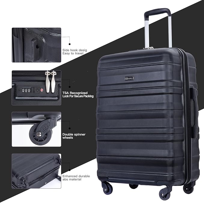 3 Piece Luggage Sets, PC Lightweight Expandable Suitcase with Two Hooks, Spinner Wheels, TSA Lock, (20/24/28) (Black)