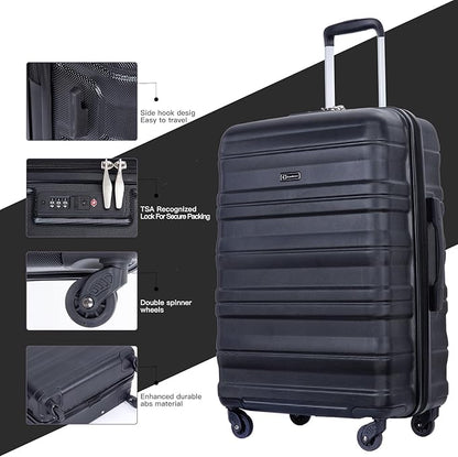 3 Piece Luggage Sets, PC Lightweight Expandable Suitcase with Two Hooks, Spinner Wheels, TSA Lock, (20/24/28) (Black)