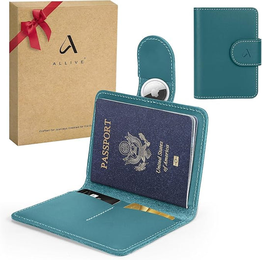 ALLIVE Rfid Passport Holder for Travel Women & Men, Passport Cover Wallet with AirTag Hidden, Genuine Leather Passport Holder Essential for Business Travel, Airport Security (Lake Blue)