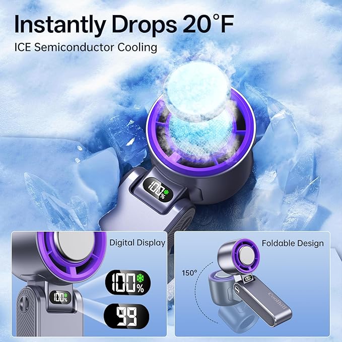 Handheld Portable Fan with Ice Cooler: 100-Speed 5500mAh Rechargeable Handheld Fan, 12H Time Hand Cooling Personal Fans with 20000 RPM Air Turbo Tech for Travel Outdoor