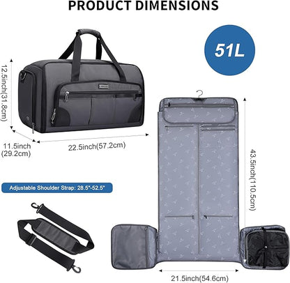 WITZMAN Garment Duffle Bags for Travel Mens Large Convertible Carry On Suit Garment Bag for Men Hanging Clothes with Shoe Compartment（B725 Silvery Grey）