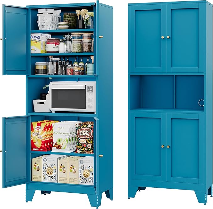 69" Tall Metal Kitchen Pantry Storage Cabinet with Microwave Stand | White | Modern Freestanding Food Buffet Cabinet | Kitchen Hutch | Coffee Bar Hutch for Dining & Living Room