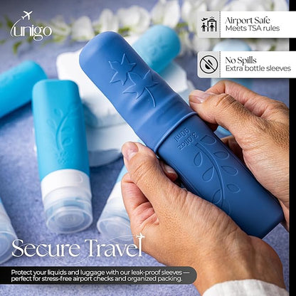 unigo Travel Bottles For Toiletries, 3.oz TSA Approved Containers, Travel Size Toiletries, Shampoo and Conditioner Bottles, Leak Proof and Refillable Bottles, BPA Free, Extra Bottle Covers (Blue)