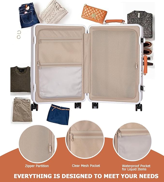 feilario 20in Hardshell Carry-On Luggage, Aluminum Frame Zipperless Suitcase with Brake Wheels, TSA-Accepted Lock & Side Hooks (Beige (zipperless closure), 20in)