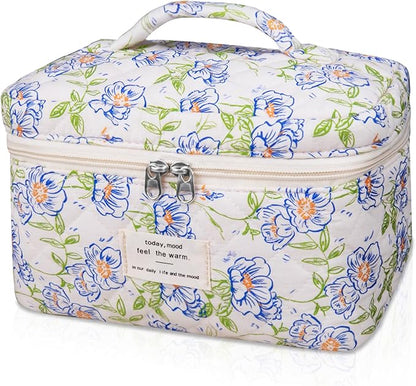 Large Makeup Bag, Cute Cosmetic Bag for Women Girls, Floral Coquette Aesthetic Toiletry Bag, Travel Make Up Organizer Bag (light blue)