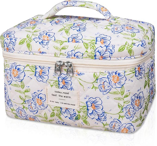Large Makeup Bag, Cute Cosmetic Bag for Women Girls, Floral Coquette Aesthetic Toiletry Bag, Travel Make Up Organizer Bag (light blue)