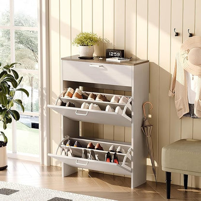 VINGLI Shoe Cabinet Storage for Entryway Ultra Slim with 2 Flip &1Drop-Down Drawers, 24.8" W Narrow Shoe Cabinet for Front Door Entrance,Freestanding Rustic White Wood Shoes Organizer for Hallway