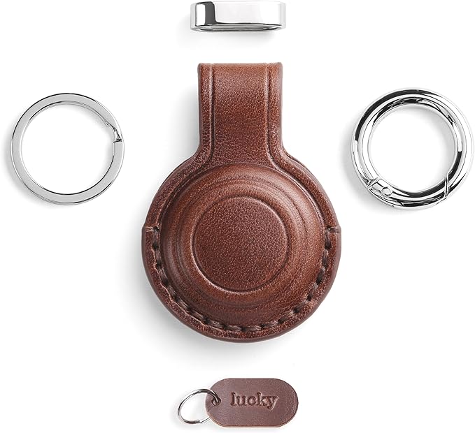 Genuine Leather Keychain Holder Compatible with AirTag - Secure Case Cover Key Ring Chain Fob Accessories Intended for Air Tag - Dark Brown (2 Pack)