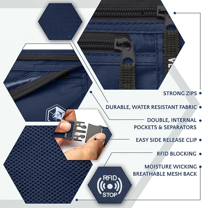 VENTURE 4TH Money Belt for Travel – Hidden Under-Clothes RFID Blocking Passport Holder & Slim Travel Wallet Pouch for Men & Women to Protect Cash, Cards & Documents (Navy Blue)