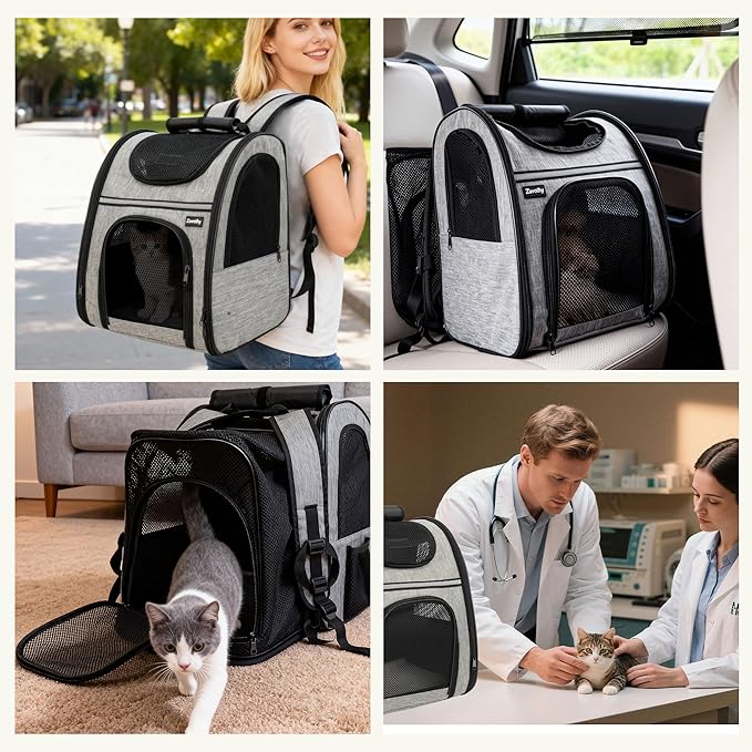 Zavothy Expandable Pet Backpack Carrier for Small Cats & Dogs, Airline Approved Travel Bag with Mesh Windows, Expandable Space, Padded Bottom, Foldable Design Grey