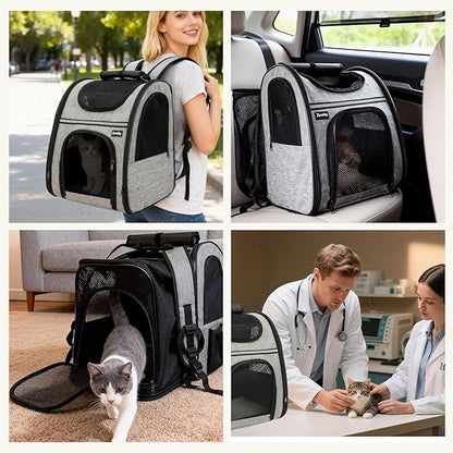 Zavothy Expandable Pet Backpack Carrier for Small Cats & Dogs, Airline Approved Travel Bag with Mesh Windows, Expandable Space, Padded Bottom, Foldable Design Grey
