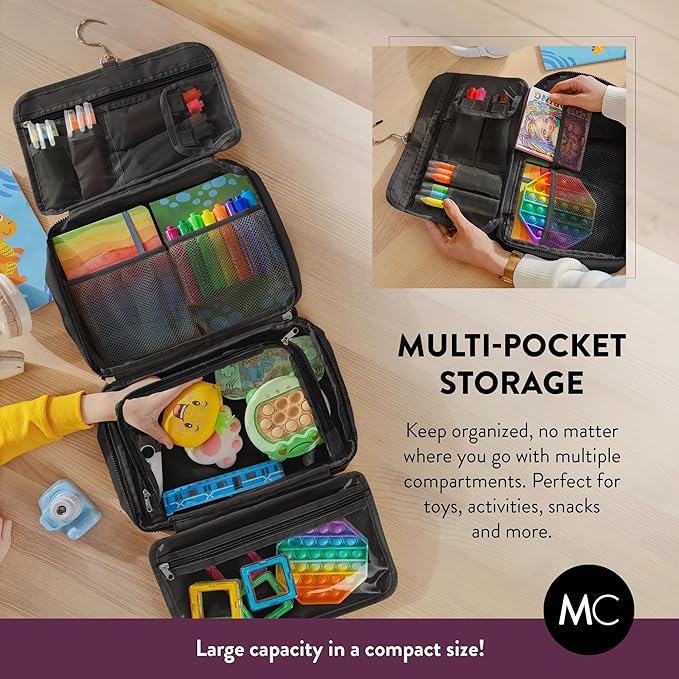 Kids Travel Organizer - Multi-Compartment, Water-Resistant Hanging Bag for Toys, Snacks, & Activities - Compact, Lightweight Design with Hook & Carry Handle - Perfect for Travel Use (Black, Large)