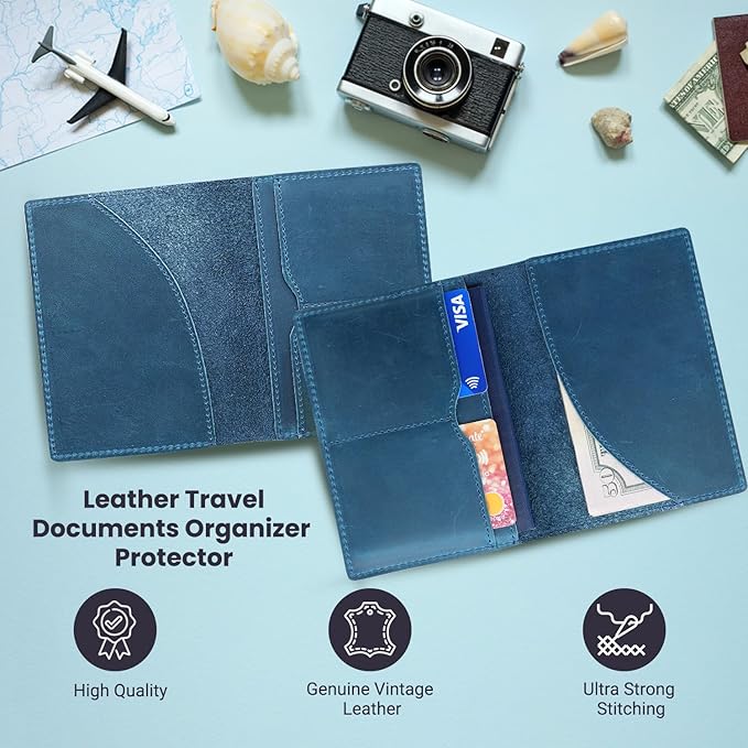 Leather Passport Holder with Travel Wallet, Genuine Leather Passport Cover- Passport Wallet, Leather Folding Wallet for Passports (Oval Cut, Blue)