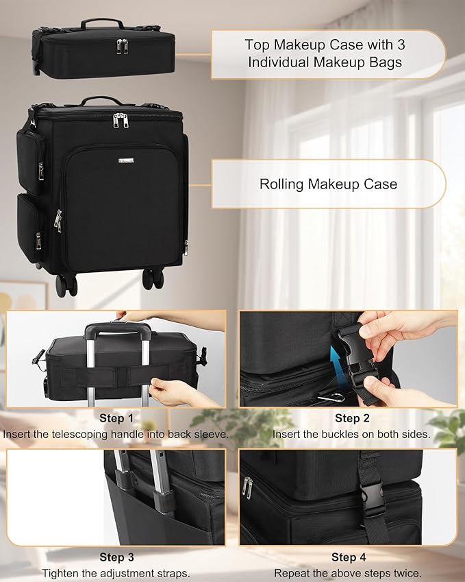 Relavel Rolling Makeup Case, 2 in 1 Hairstylist Traveling Bag Cosmetology Case on Wheels Large Hair Tools Cosmetics Train Case Makeup Artist Storage Organizer Trolley Suitcase with 360° Swivel Wheels