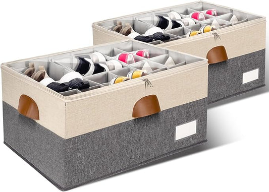 2 Pack Shoe Organizer for Closet, Adjustable Shoe Box Storage Containers, Large Foldable Shoe Bins with Clear Cover, Space Saving Shoes Holder with 4 Handles, Fits 24-48 Pairs, Beige