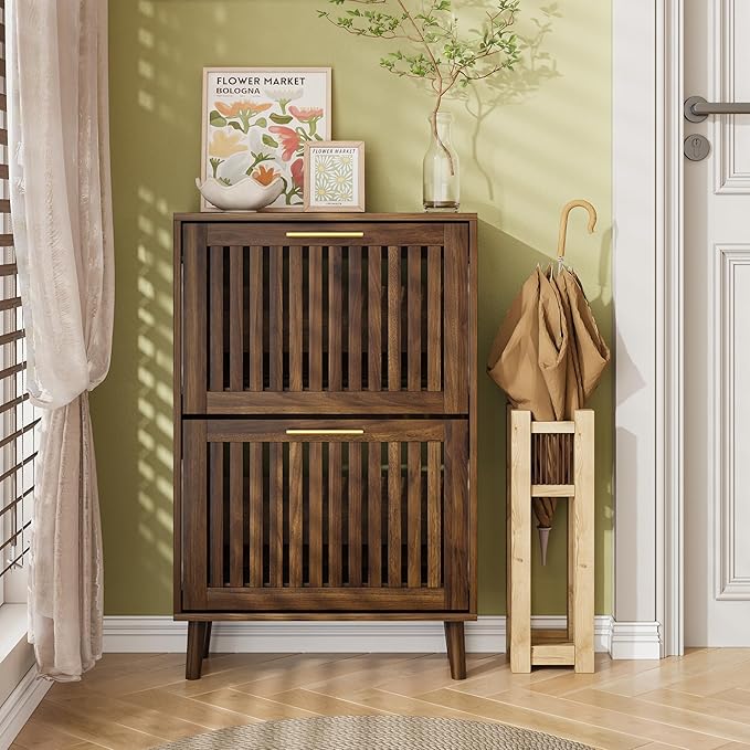 Walnut Shoe Cabinet for Entryway,Narrow Shoe Storage Cabinet with 2 Flip Drawer and Solid Wood Leg,Freestanding Slim Shoe Organizer for Entryway, Hallway