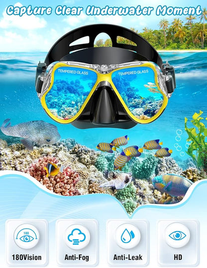 Zenoplige Mask Fins Snorkel Set, Snorkeling Gear for Adults, Panoramic View Snorkel Mask Anti-Fog, Adjustable Dive Flippers, Dry Top Snorkel and Travel Bag, Scuba Gear for Swimming Snorkeling Diving