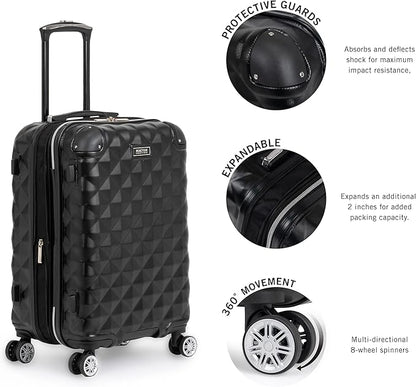 Kenneth Cole REACTION Diamond Tower Collection Lightweight Hardside Expandable 8-Wheel Spinner Travel Luggage, Black, 2-Piece Bundle (Carry On + Backpack)