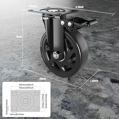 6 Inch Caster Wheels Heavy Duty Casters with Brake, Casters Set of 4 Loading 3000 Lbs, Locking Industrial Swivel Top Plate Casters Wheels for Furniture and Workbench Cart(Two Hardware Kits Included)
