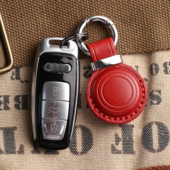 Genuine Leather Keychain Holder Compatible with AirTag - Secure Case Cover Key Ring Chain Fob Accessories Intended for Air Tag - Dark Red (2 Pack)