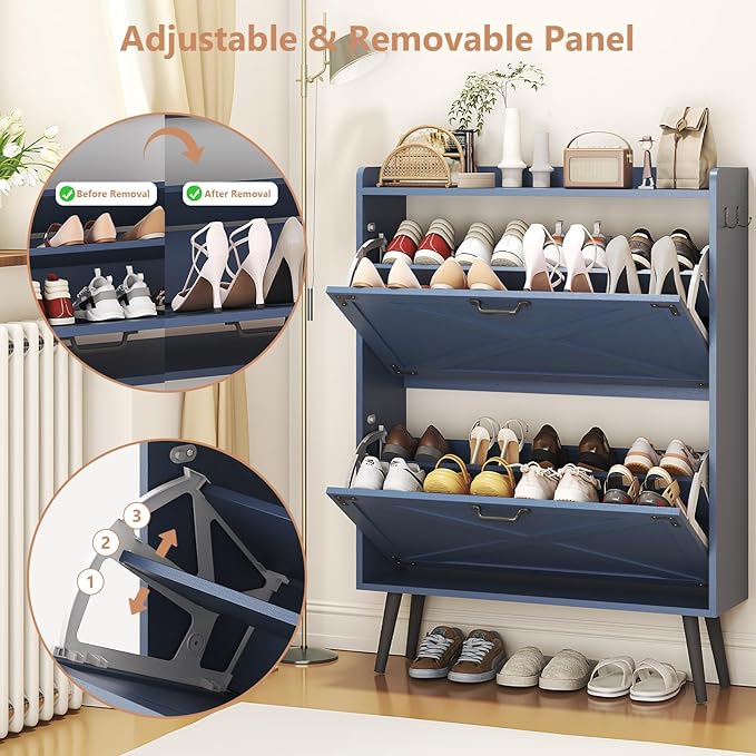 Shoe Storage Cabinet with 2 Flip Drawers, Farmhouse Freestanding Shoe Rack Organizer for Entryway, Narrow Hidden Slim Shoe Cabinet for Foyer,Hallway,Blue
