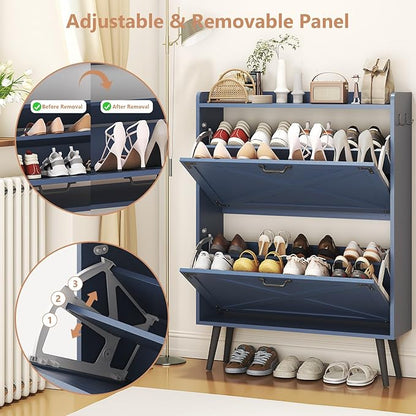 Shoe Storage Cabinet with 2 Flip Drawers, Farmhouse Freestanding Shoe Rack Organizer for Entryway, Narrow Hidden Slim Shoe Cabinet for Foyer,Hallway,Blue