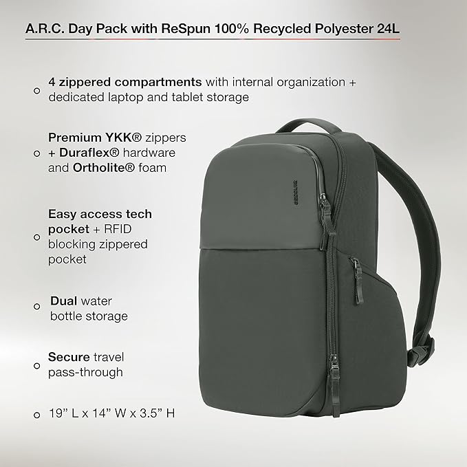 Incase A.R.C. Daypack 24L – Travel Backpack and Laptop Bag for School - Fits up to 16 inch Laptop - 4 Zippered Compartments, 2 Water Bottle Pockets - Commuter and College Backpack - Smoked Ivy