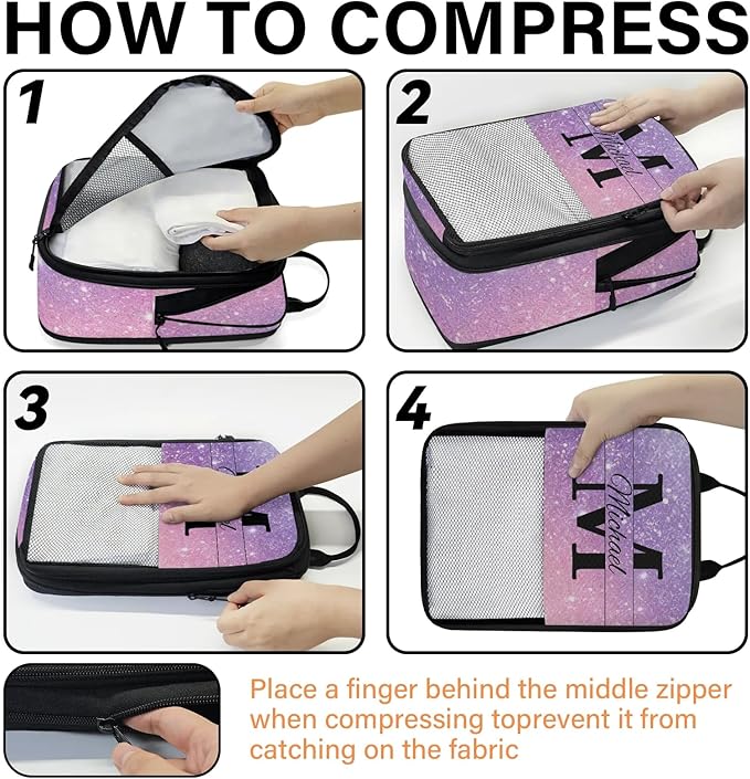 Personalized 6 Set Compression Packing Cubes for Travel Accessories Custom Initial Name Luggage Carry On Suitcase Compressible Expandable Packing Organizer, Purple Glitter
