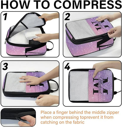 Personalized 6 Set Compression Packing Cubes for Travel Accessories Custom Initial Name Luggage Carry On Suitcase Compressible Expandable Packing Organizer, Purple Glitter