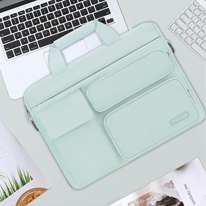 MOSISO Laptop Shoulder Bag 13.3 inch, 13-14 inch Computer Bag Compatible with MacBook Air/Pro 13 / Pro 14, HP Dell ASUS Lenovo with 2 Raised&1 Flapover&1 Horizontal Pocket&Handle&Belt, Mint Green