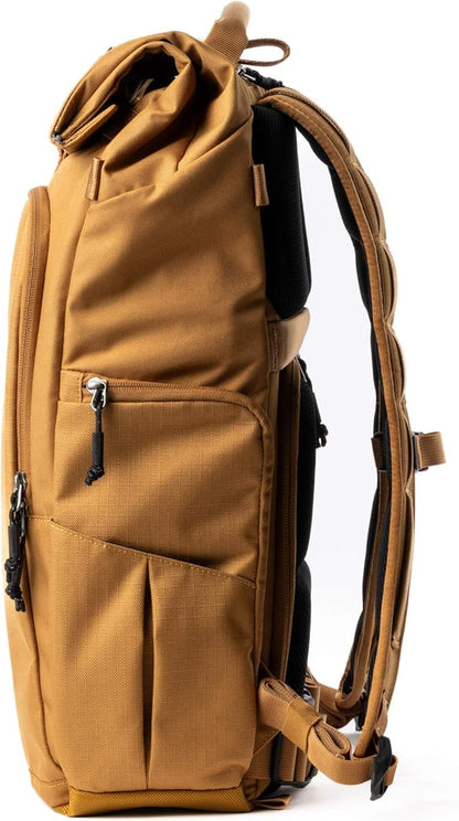 Think Tank FocusPoint 30L RollTop Camera Backpack - Golden Hour: Expandable Travel & Camera Backpack with Laptop Sleeve, Quick Side and Back Access, Rain Cover – Versatile Photography & Travel Bag