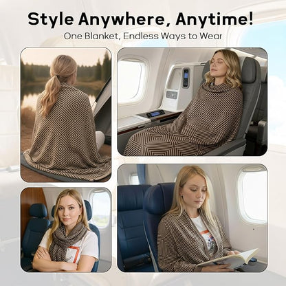 Compact Travel Blanket - Ultra Soft & Lightweight Knit Design Airplane Blanket, 53x72 Inch, Stylish Travel Shawl Wraps for Flights, Car,Travel Essentials, Gifts, Camping