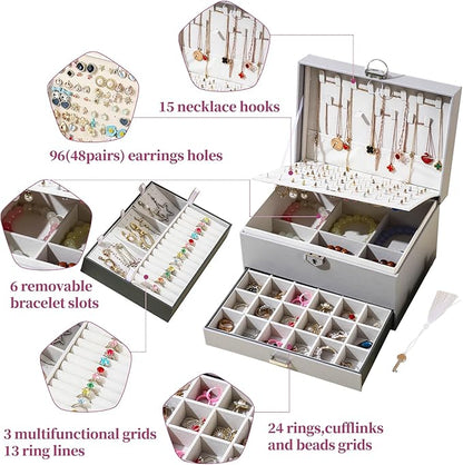BOOVO Earring Jewelry Box For Women Girl Stud Organizer, 5 Layers Girl Jewelry Organizer Box With Lock Earring Holder Organizer Necklace Ring Jewelry Organizer Box For Girls (grey)
