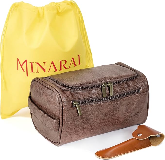 MINARAI-Mens Toiletry Bag with Razor Case–Premium Leather-Look Hygiene Bag for men with Wide-Open Access,Hanging Design,and Strong Structure–Built for Travel, Gym, and Everyday Organization–DARK BROWN