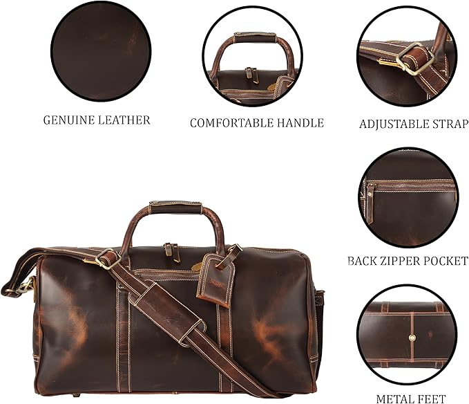 KomalC Leather Duffle Bags for Men and Women Travel Overnight Weekend sports bag holdall Gym Duffel for Men (Dark Tan, 20 Inch)